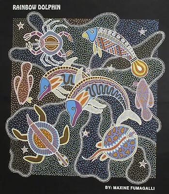 Australia Aboriginal Fabric Dot Print Rainbow Dolphin By Maxine Fumagalli  • $150