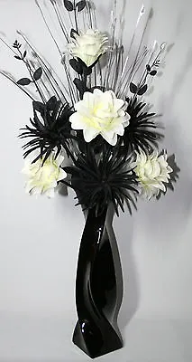 Artificial Silk Flower Arrangement Black & White In Black Modern Vase 75cm Tall. • £29.99