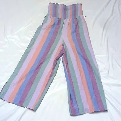 American Eagle Vertical Striped Multi-Color Strapless Wide Leg Jumpsuit Purple L • $25