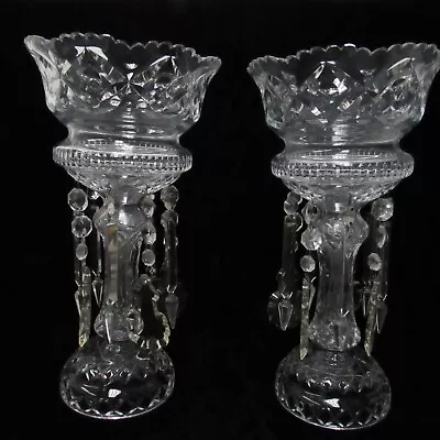 Vintage Pair 17.5  Tall Unmarked Lead Cut Crystal Glass Mantle Lustres Vases • $325