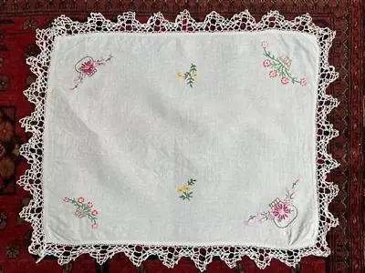 Vintage White Linen Embroidered  Panel/tray Cloth Lace Edge • $6.21