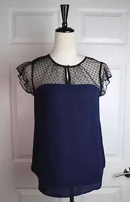 NWT J. Crew Navy Black Flutter Sleeve Pullover Blouse Solid & Mesh Size 0 E6085 • $60.13