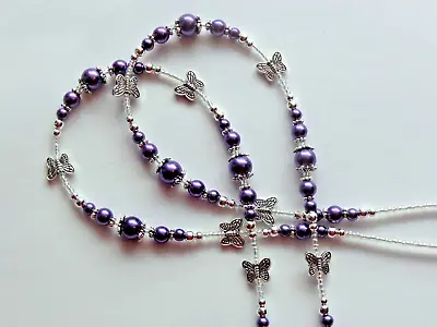 Purple Glass Pearl Beads Butterfly Lobster Clasps Beaded Lanyard Id Badge Holder • $6.99