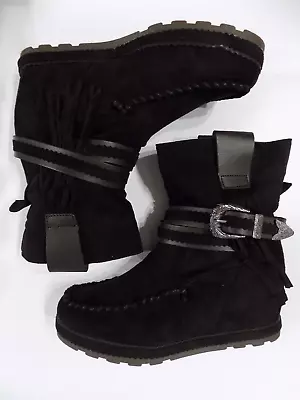 £19.95 • Buy Black Western Boots Size 8 Womens Flat Moccasin Buckle Faux Suede Cowboy Booties