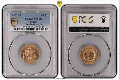 France  Gold 20 Francs 1898 A - Pcgs Ms 65  Rare8 • $849.99