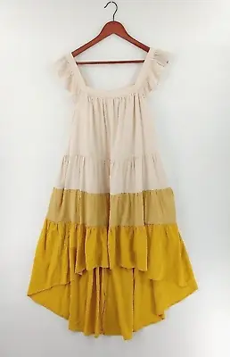 Moodie Sundress Womens Small Yellow Color-Block Tiered High-Low Hem Lagenlook • $32.99