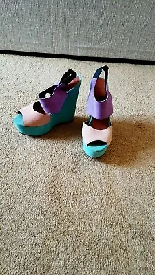 Deena Ozzy Colour Block Strappy Platform Suede Wedges Shoes Heels Size 38 UK 5  • £15