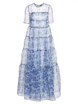 Staud Hyacinth Tiered Organza Dress Floral Print Blue Small • $253.30