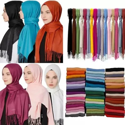 Womens Pashmina Scarf Cashmere Touch Plain Wrap Shawl Stole Hijab Fringed Scarfs • £4.99