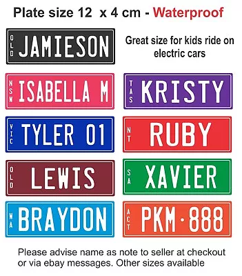 KIDS RIDE ON PEDAL ELECTRIC CAR TRIKE MINI NUMBER PLATE 12 X 4cm PERSONALISED • $9.80