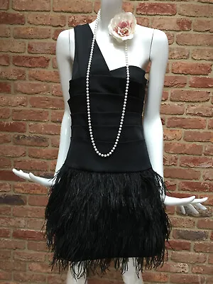 Oasis Black Flapper 1920s Gatsby Feather One Shoulder Dress UK 8 EUR 34 • £44.95