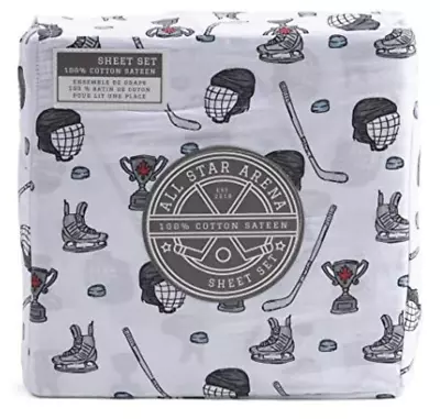 Twin Size Hockey Sticks Puck Skates Masks Cotton Sheet Set - All Cotton ALL STAR • $64