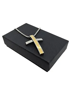 Gold Cross Pendant Necklace Stainless Steel 22 Inch Chain & Crucifix Men Boys • £10.78