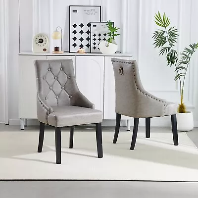 2x Grey PU Leather Dining Chairs Button-Tufted Upholstered With Rivets Ring Pull • £179.99