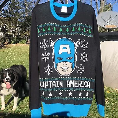 Captain America Christmas Sweater MENS Black Holiday Marvel Comics Snow  Size L • $18.99