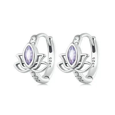 $28.99 • Buy SOLID Sterling Silver Lotus Flower Hoop Purple CZ Earrings By YOUnique Designs