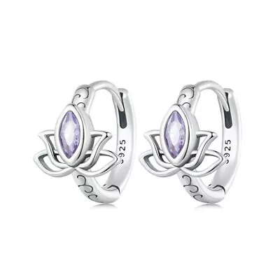 SOLID Sterling Silver Lotus Flower Hoop Purple CZ Earrings By YOUnique Designs • $28.99