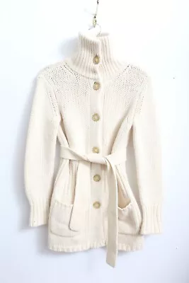 EUC S Women's Gap Wool And Rabbit Turtle Neck Belted Button Up Sweater In Ivory • $44.99