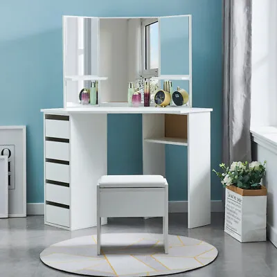 £149.99 • Buy Corner Dressing Table Stool Vanity Set White Makeup Dresser Mirror 5 Drawers NEW