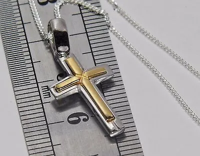 9ct Yellow Gold & Sterling Silver Cross / Crucifix Pendant & 18 Inch Chain • $32.68