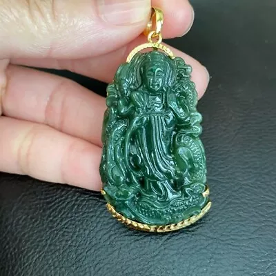 14k Solid Gold Natural Nephrite Jade Kwan Quan Yin Green Female Buddha Pendant • $1251.20