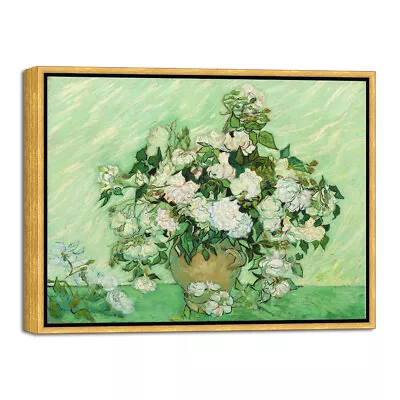 Framed Wall Art Of Vase With Pink Roses By Van Gogh Paintings Bronze Gold Frame • $19.99