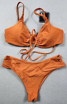 Drawstring Tie Front Cutout Ruched Bikini Set High Cut Womens Size Medium Orange • $10
