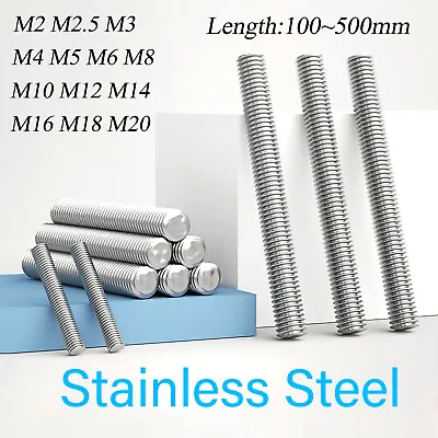 A2 Stainless Steel Threaded Rod Full Thread Studding Bar Din 975 M2 M3 M4 M6~M20 • £1.55