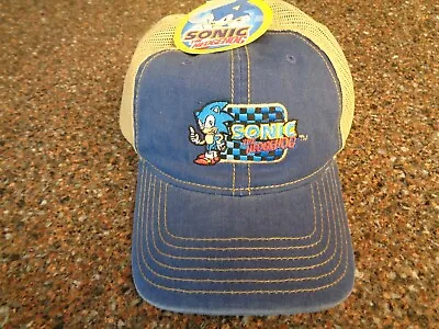 Sonic The Hedgehog Racing Patch Trucker Hat Vintage Blue Denim Snapback Mesh NWT • $28.75