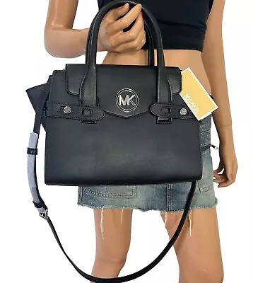 Michael Kors Carmen Medium Black Silver Saffiano Leather Satchel Handbag Bag • $89