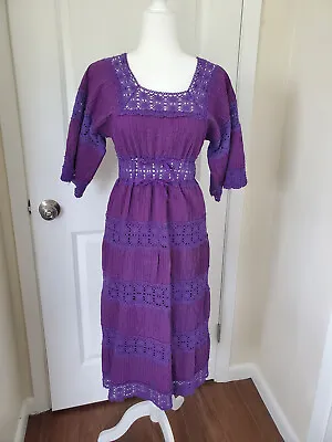 Vintage Dark Purple Pintuck Cotton & Crochet Tiered Mexican Wedding/fiesta Dress • $65