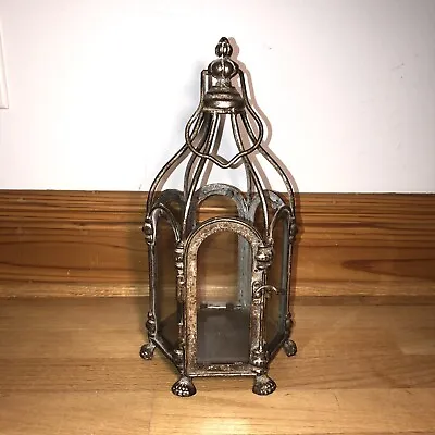 Pillar Candle Lantern Hanging  Glass Metal AntiqueSilver Claw Foot Morocco India • $49.99