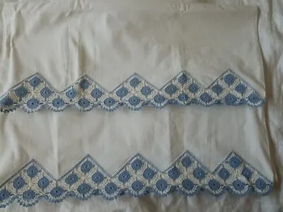 Vintage Pair Blue And White Hand Crochet Lace King Pillow Cases • $20