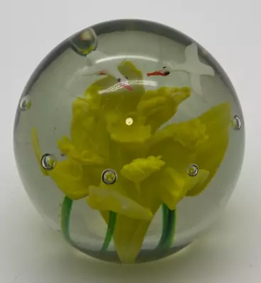 Hand Blown Art Glass 3  Paperweight Birds Yellow Flowers & Bubbles • $20