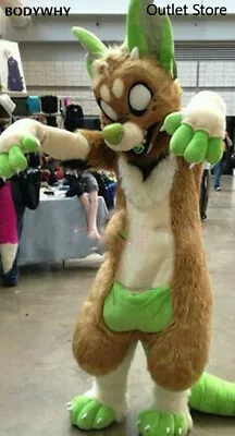 Green Long Fur Husky Wolf Dog Mascot Costume Cosplay Dress Outfit Fursuit Xmas • $977.02
