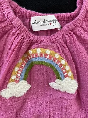 Mimi & Maggie EUC Hot Pink Cotton Gauze Embroidered Rainbow Bubble-0-3 Mos • $14