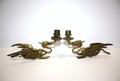 $135 • Buy Antique Brass Dragon Pheonix Gryphon Candlestick Holder Set