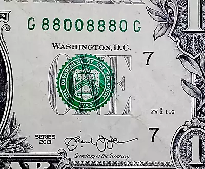 Binary Fancy Serial Number One Dollar Bill G88008880G GG Block 8s 0s Chicago Fw • $49.99
