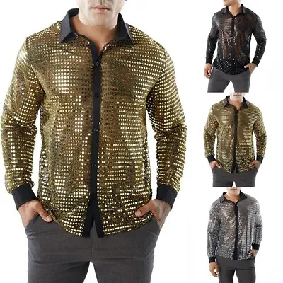 Sparkle With Style In Men's Sparkly Sequins Nightclub Shirt Retro 70s Vibes! • £20.75