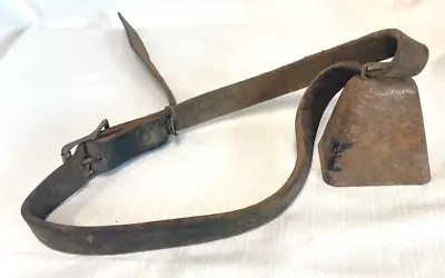 Antique Farm Estate 4  Cow Bell Metal Clapper Heavy Leather Buckled Strap • $75