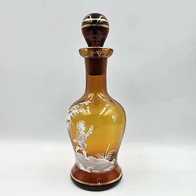 Mary Gregory Amber Glass Decanter Cruet Hand Painted Boy & Butterfly Signed • $85.44