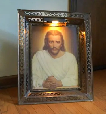 Vintage Religious JESUS Picture In FILAGREE BRASS Frame LIGHTED 21  X 17   • $39.95