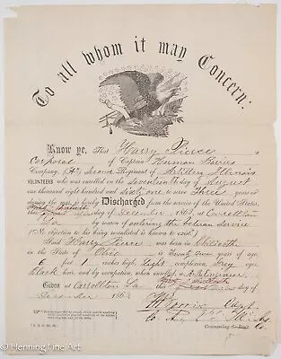 $155 • Buy Rare Civil War Discharge Papers Harry Pierce Illionois Artillery 1862, Nice!