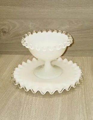 Vintage Fenton Milk Glass Silver Crest Crimped Edge Pedestal Compote Dish And... • $18.99