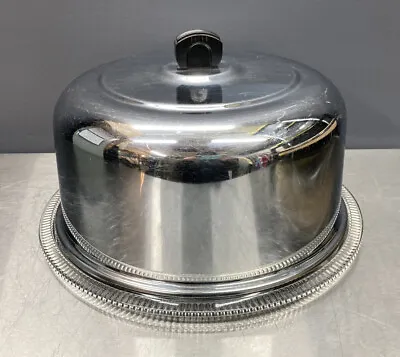 Vintage Glass Footed Cake Platter Plate Chrome Metal Dome Cover --Bakelite Knob? • $49.99