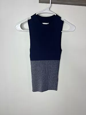 Milly Womens Ribbed Knit Sleeveless Tank Top Blouse Navy Blue Striped Size Small • $25