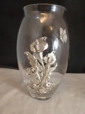 Arthur Court Glass & Aluminum Flower Vase W/Rabbit Calle Lily & Butterfly VTG • $27