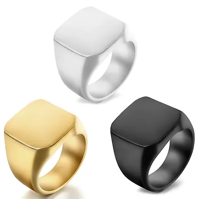 Men Solid Polished Biker Square Round Signet Ring Stainless Steel Band Size 6-15 • $9.99