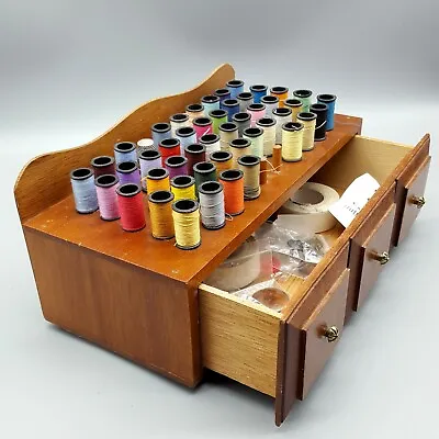 Vintage Wood Thread Bobbin Organizer Sewing Box With Drawer • $29.95