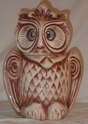 Vintage Pottery BROWN OWL COOKIE JAR Teal Blue Cold Paint Eyes • $26.99